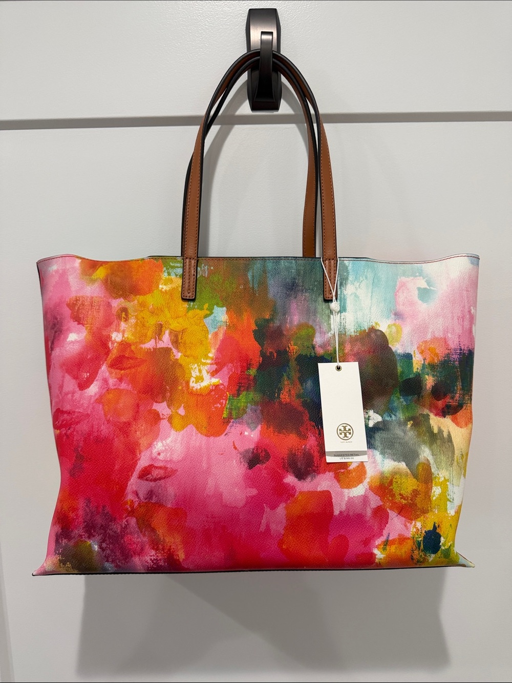 Tory Burch Watercolor Floral Canvas Tote with Brown Leather Handles - Picture 2 of 3